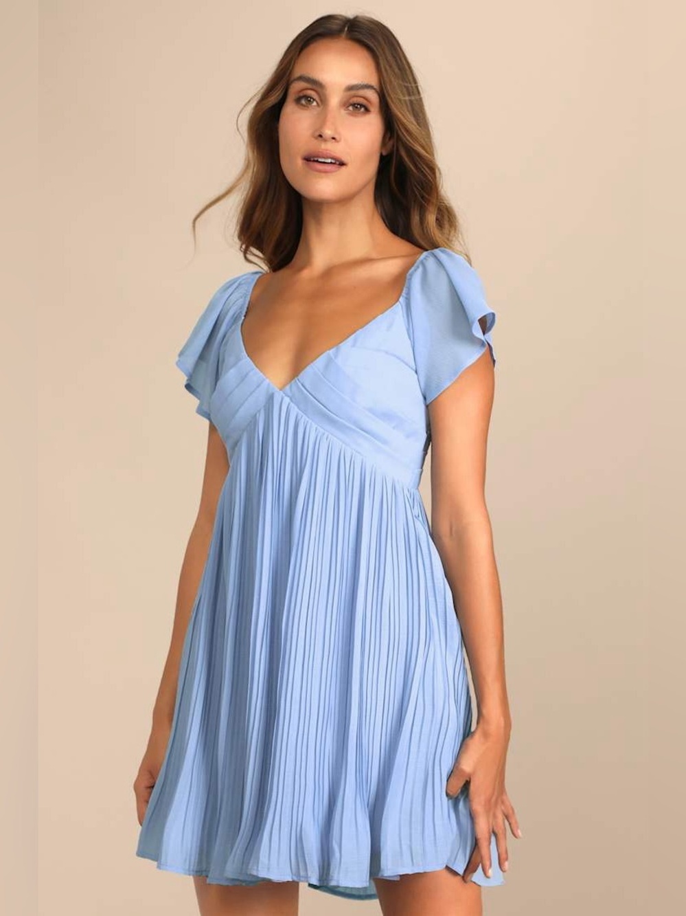 NEW Lulus Amalfi Coast Light Blue Pleated Flutter Sleeve Mini Dress, Medium - Picture 3 of 14